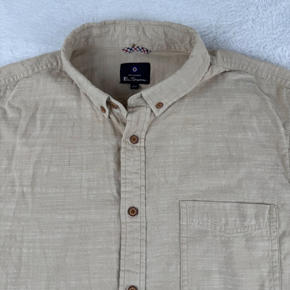 Ben Sherman Button Down Shirt‎ Mens Large Tan Beige Long Sleeve Slub Cotton